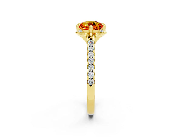 Yellow gold Cushion Cut Citrine Ring with Pavé Band and Floral Prong Setting