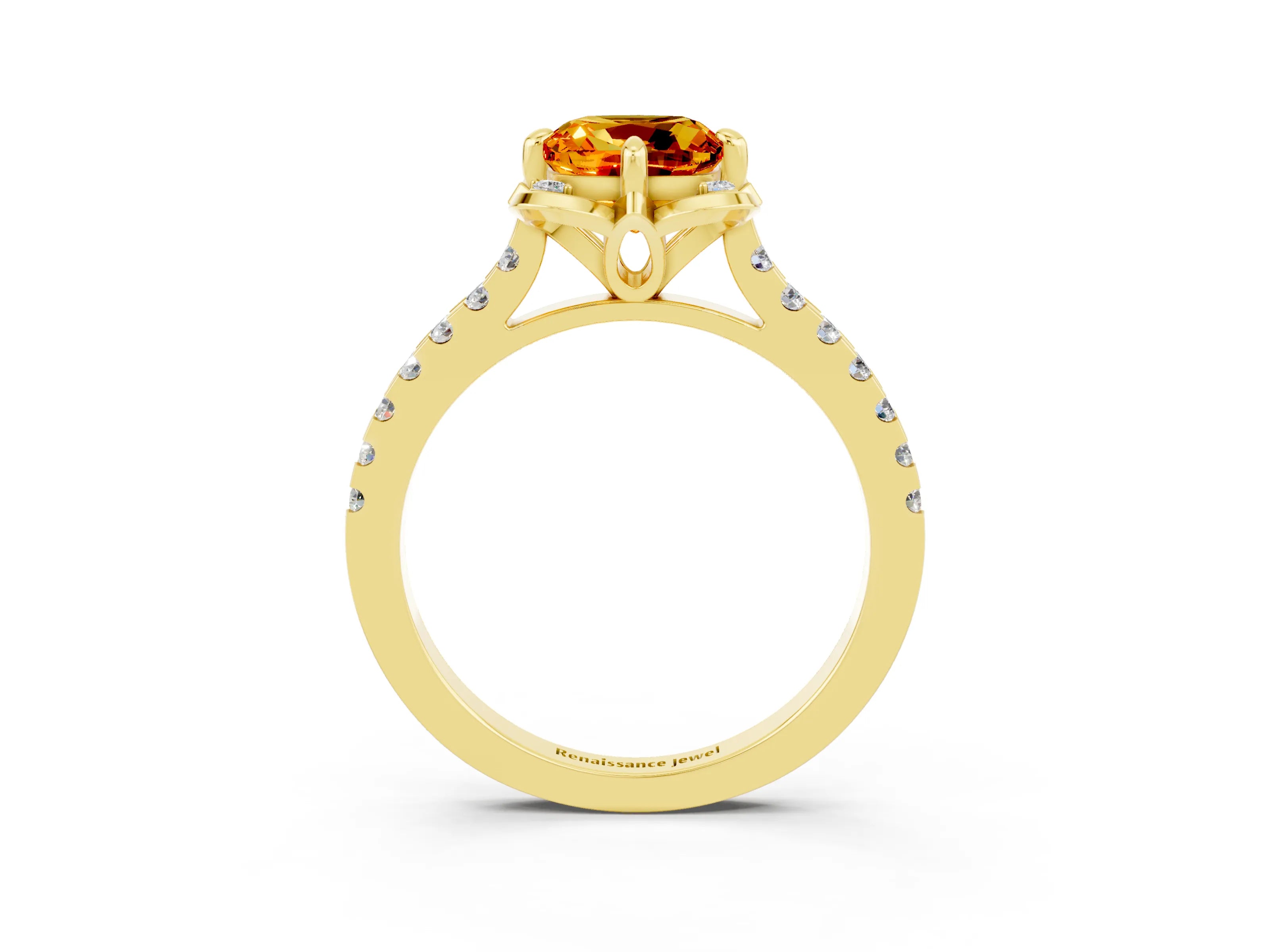Yellow gold Cushion Cut Citrine Ring with Pavé Band and Floral Prong Setting_3