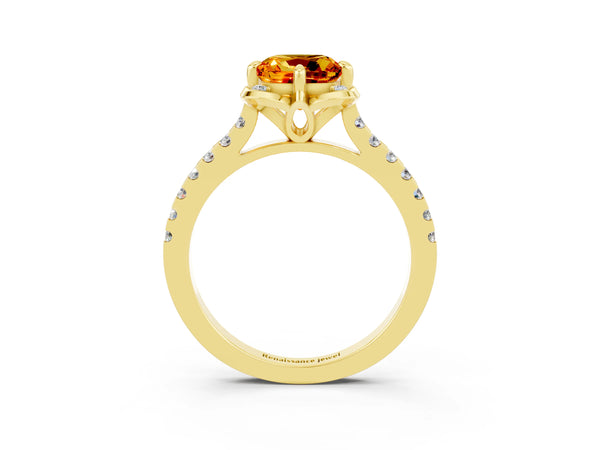 Yellow gold Cushion Cut Citrine Ring with Pavé Band and Floral Prong Setting