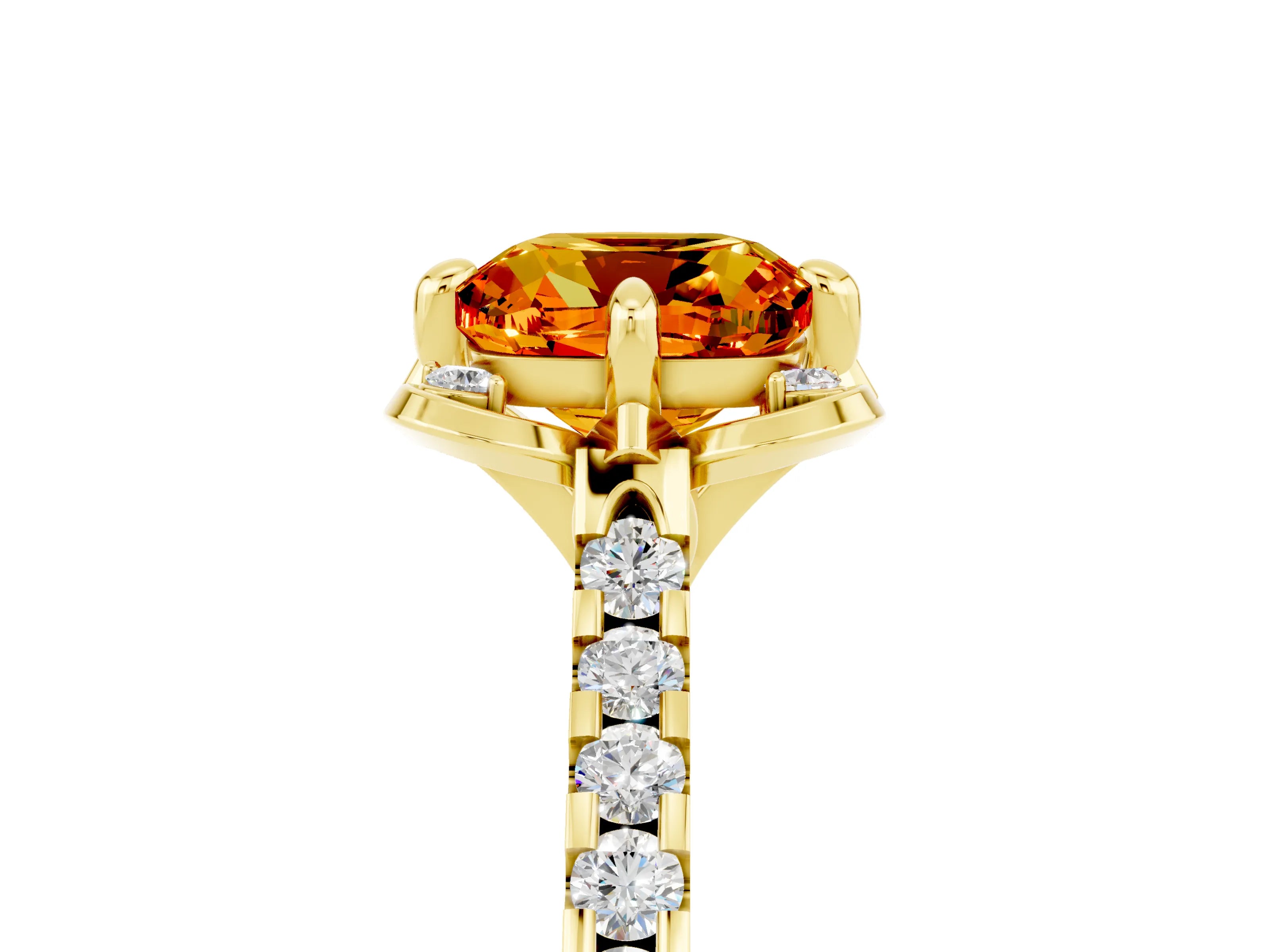 Yellow gold Cushion Cut Citrine Ring with Pavé Band and Floral Prong Setting_5