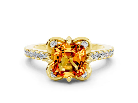 Yellow gold Cushion Cut Citrine Ring with Pavé Band and Floral Prong Setting