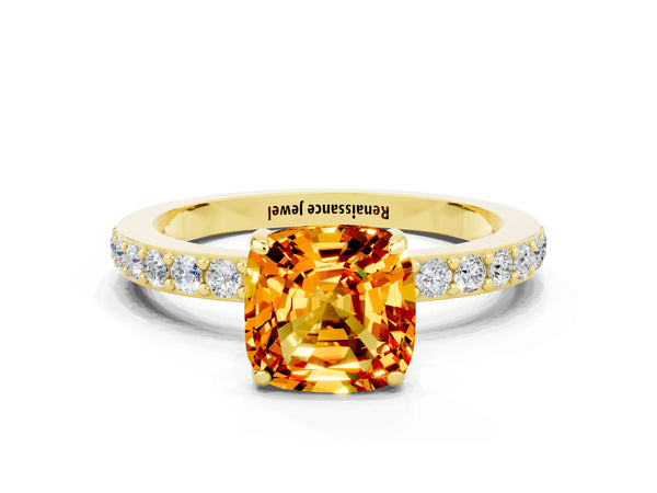 Yellow gold Cushion Cut Citrine Pavé Engagement Ring with Round  Accents and Prong Setting
