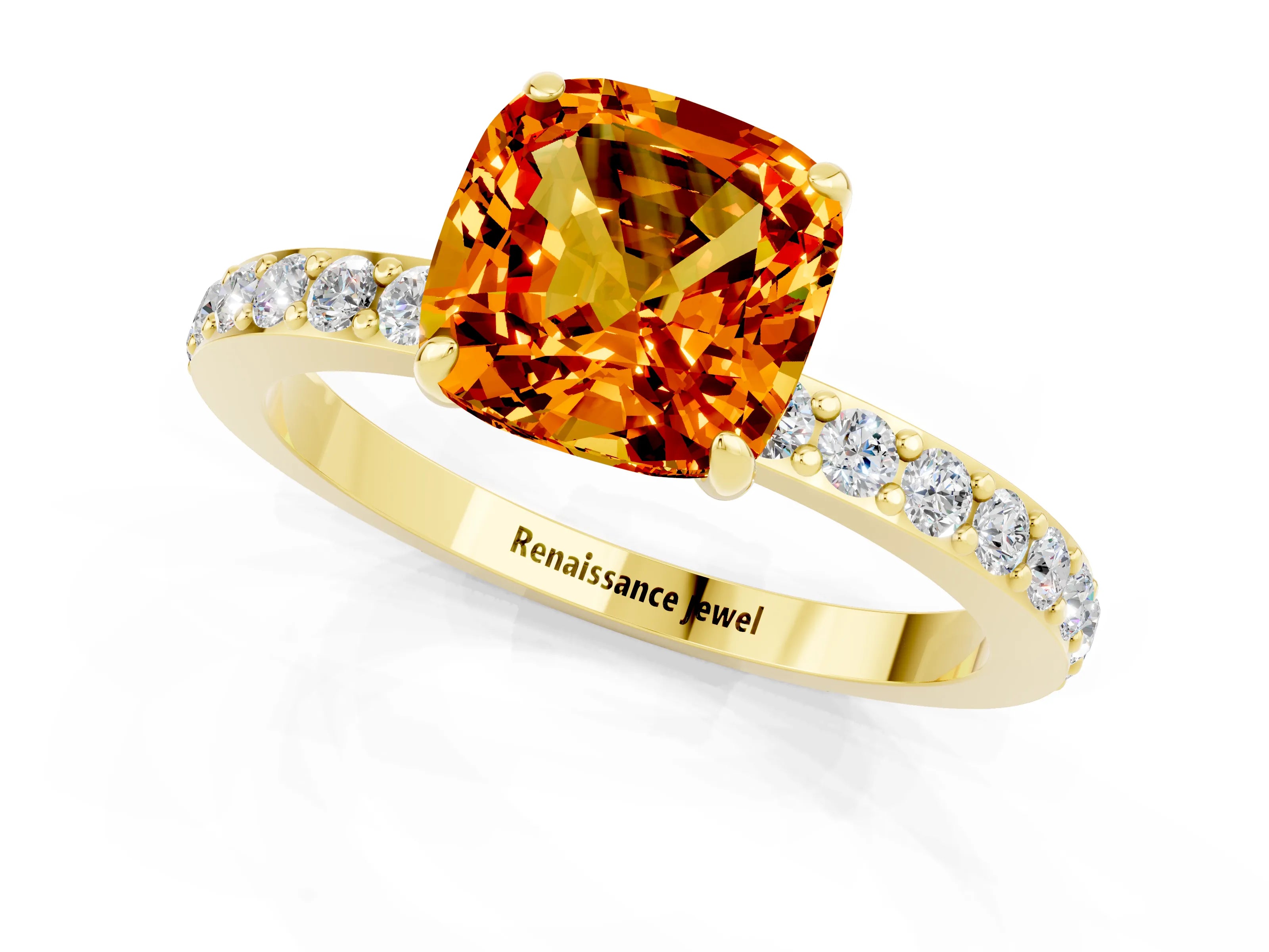 Yellow gold Cushion Cut Citrine Ring with Pavé Band and Four-Prong Setting_1