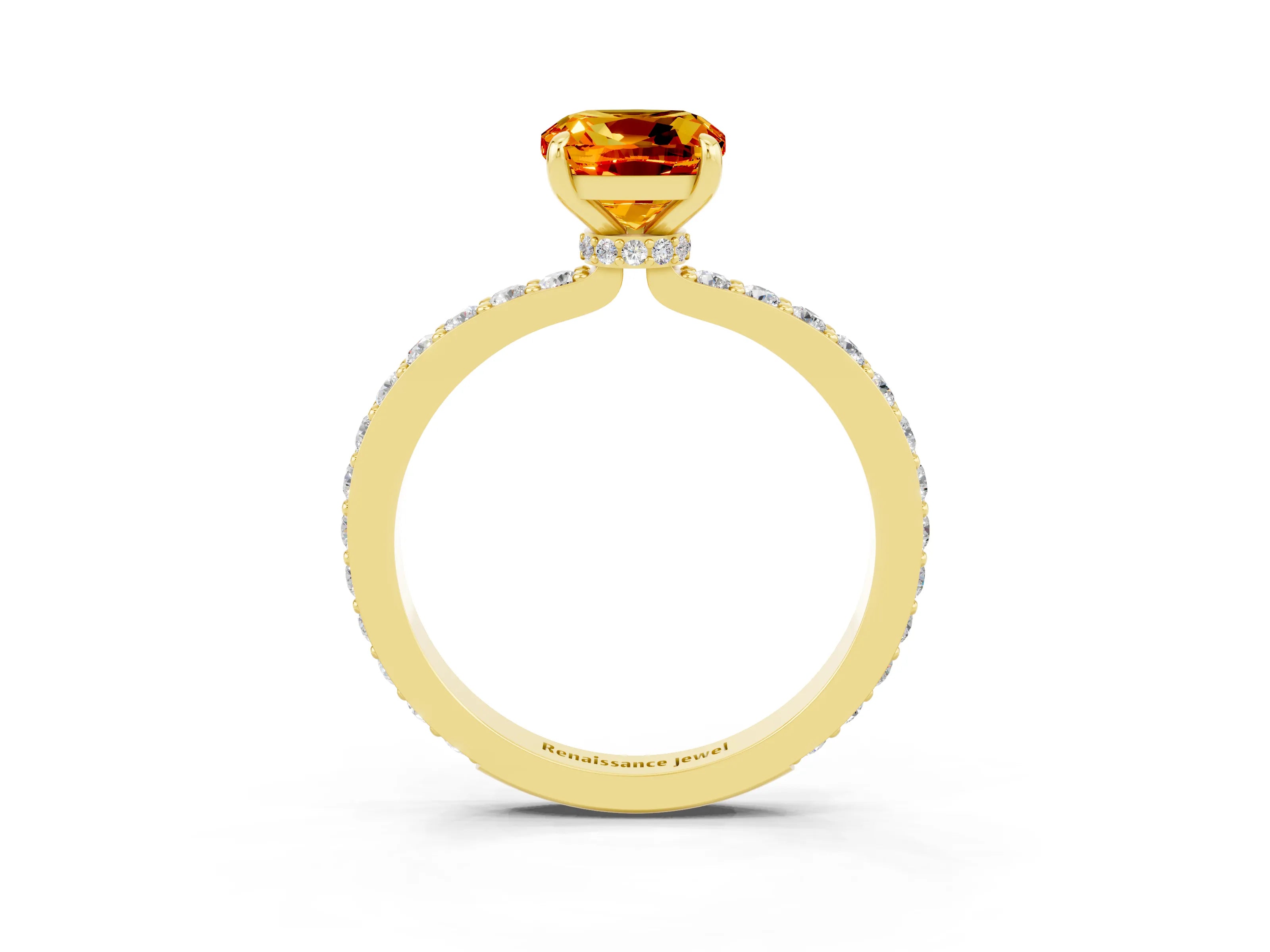 Yellow gold Cushion Cut Citrine Ring with Pavé Band and Four-Prong Setting_3