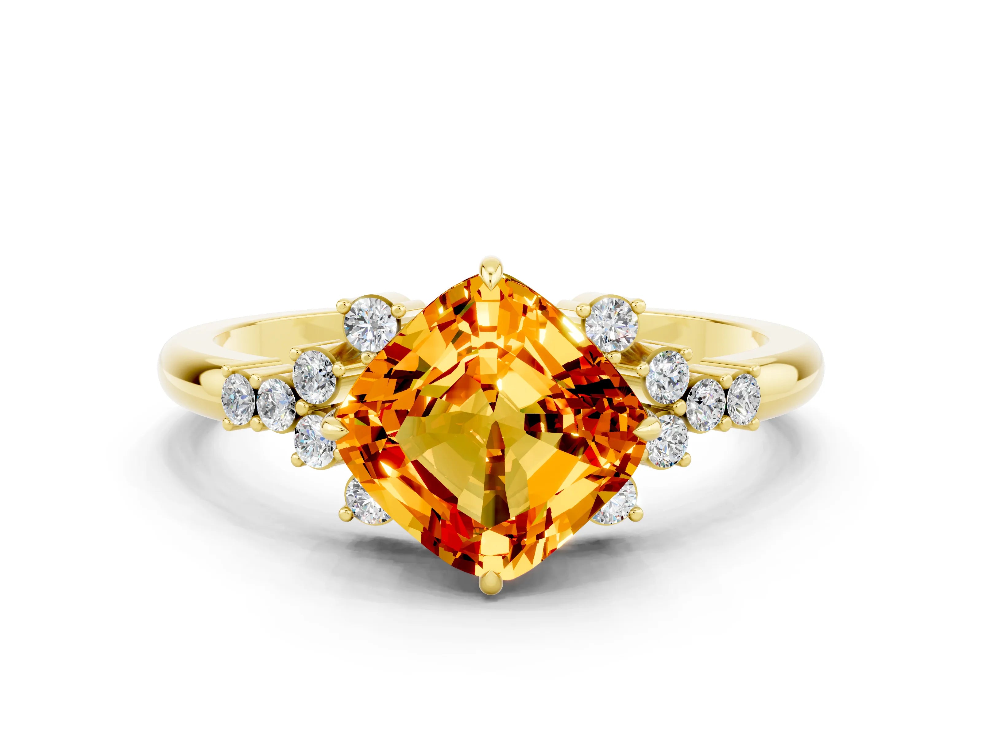 Yellow gold Cushion Cut Citrine Ring with Side Stones and Four-Prong Setting_36