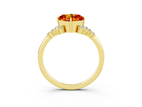 Yellow gold Cushion Cut Citrine Ring with Side Stones and Four-Prong Setting