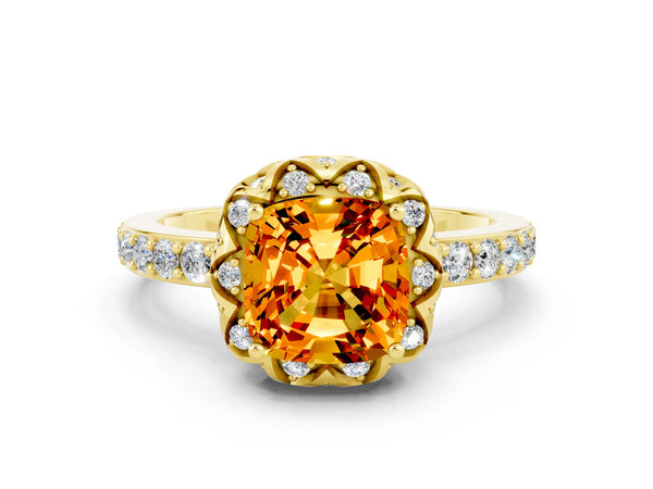 Yellow gold Cushion Cut Citrine Scalloped Halo Engagement Ring with Round Shared Prong Band