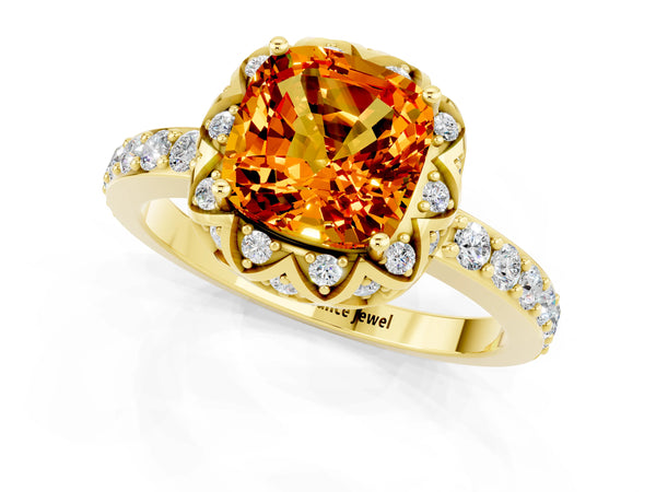 Yellow gold Cushion Cut Citrine Scalloped Halo Engagement Ring with Round Shared Prong Band
