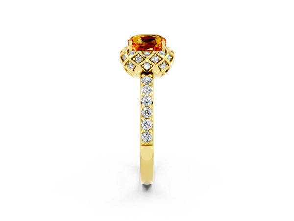 Yellow gold Cushion Cut Citrine Scalloped Halo Engagement Ring with Round Shared Prong Band