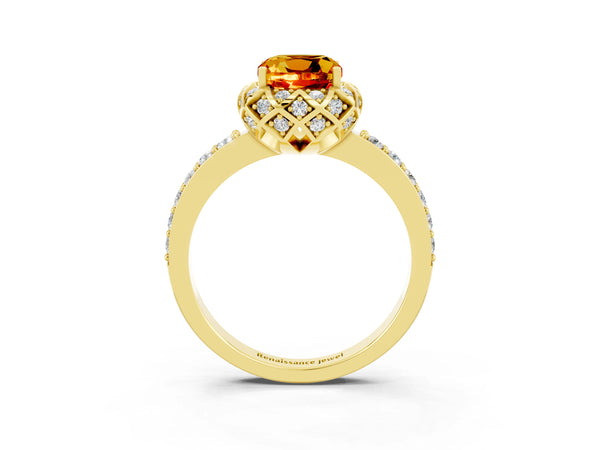 Yellow gold Cushion Cut Citrine Scalloped Halo Engagement Ring with Round Shared Prong Band