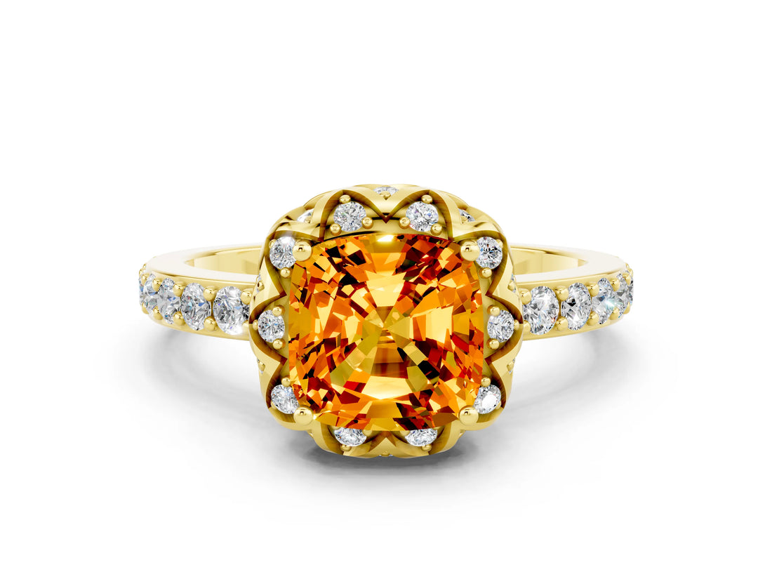 Yellow gold Cushion Cut Citrine Scalloped Halo Engagement Ring with Round Shared Prong Band_24