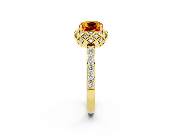 Yellow gold Cushion Cut Citrine Scalloped Halo Engagement Ring with Round Shared Prong Band