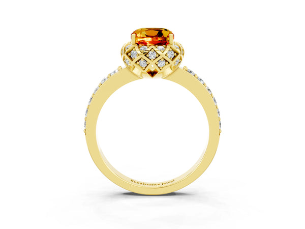 Yellow gold Cushion Cut Citrine Scalloped Halo Engagement Ring with Round Shared Prong Band