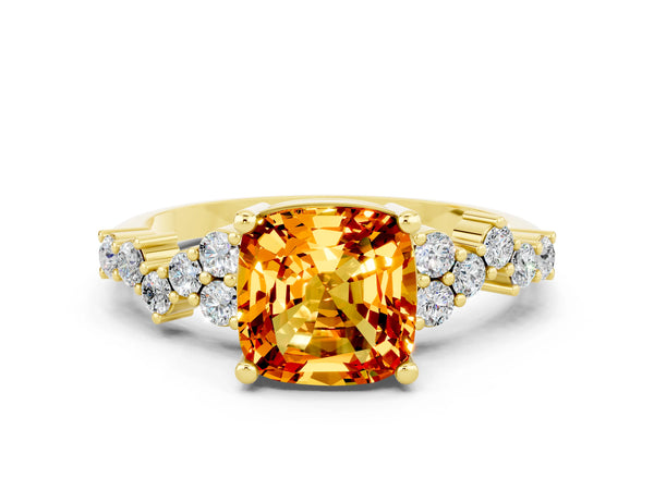 Yellow gold Cushion Cut Citrine Scattered Round Accent Ring with Prong Setting