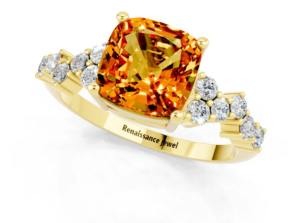 Yellow gold Cushion Cut Citrine Scattered Round Accent Ring with Prong Setting