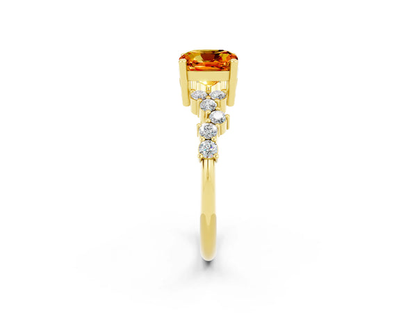 Yellow gold Cushion Cut Citrine Scattered Round Accent Ring with Prong Setting