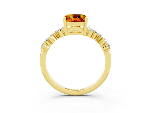 Yellow gold Cushion Cut Citrine Scattered Round Accent Ring with Prong Setting