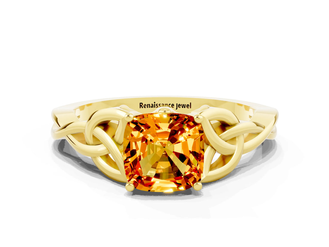 Yellow gold Cushion Cut Citrine Solitaire Celtic Knot Ring with Four-Prong Setting_12