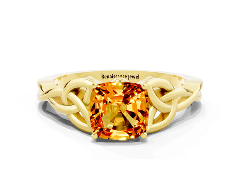 Yellow gold Cushion Cut Citrine Solitaire Celtic Knot Ring with Four-Prong Setting_12