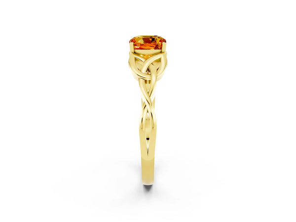 Yellow gold Cushion Cut Citrine Solitaire Celtic Knot Ring with Four-Prong Setting