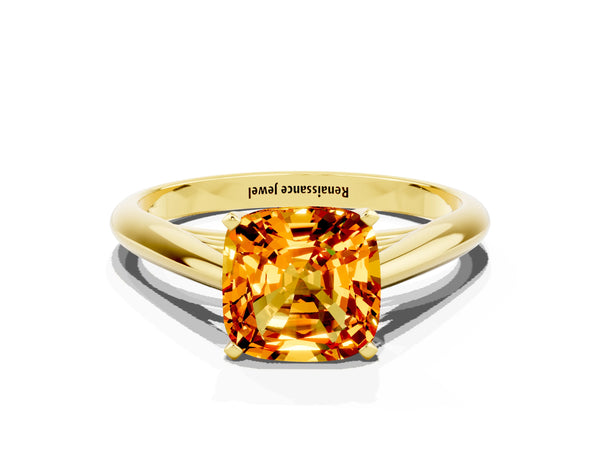 Yellow gold Cushion Cut Citrine Solitaire Engagement Ring with Cathedral Setting and Four-Prong Mount