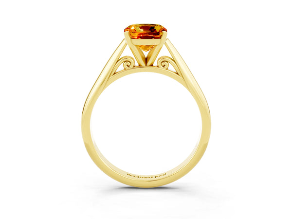 Yellow gold Cushion Cut Citrine Solitaire Engagement Ring with Cathedral Setting and Four-Prong Mount
