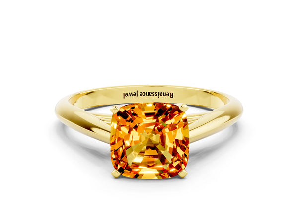 Yellow gold Cushion Cut Citrine Solitaire Engagement Ring with Cathedral Setting and Four-Prong Mount