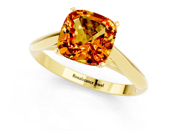 Yellow gold Cushion Cut Citrine Solitaire Engagement Ring with Cathedral Setting and Four-Prong Mount