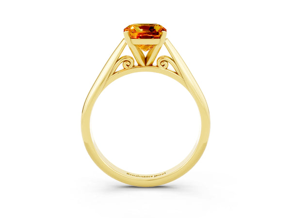 Yellow gold Cushion Cut Citrine Solitaire Engagement Ring with Cathedral Setting and Four-Prong Mount