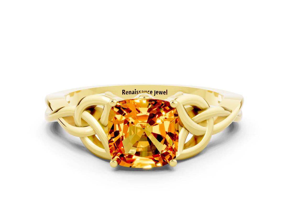 Yellow gold Cushion Cut Citrine Solitaire Engagement Ring with Celtic Knot Band and Four-Prong Setting