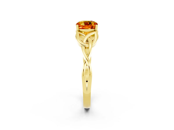 Yellow gold Cushion Cut Citrine Solitaire Engagement Ring with Celtic Knot Band and Four-Prong Setting