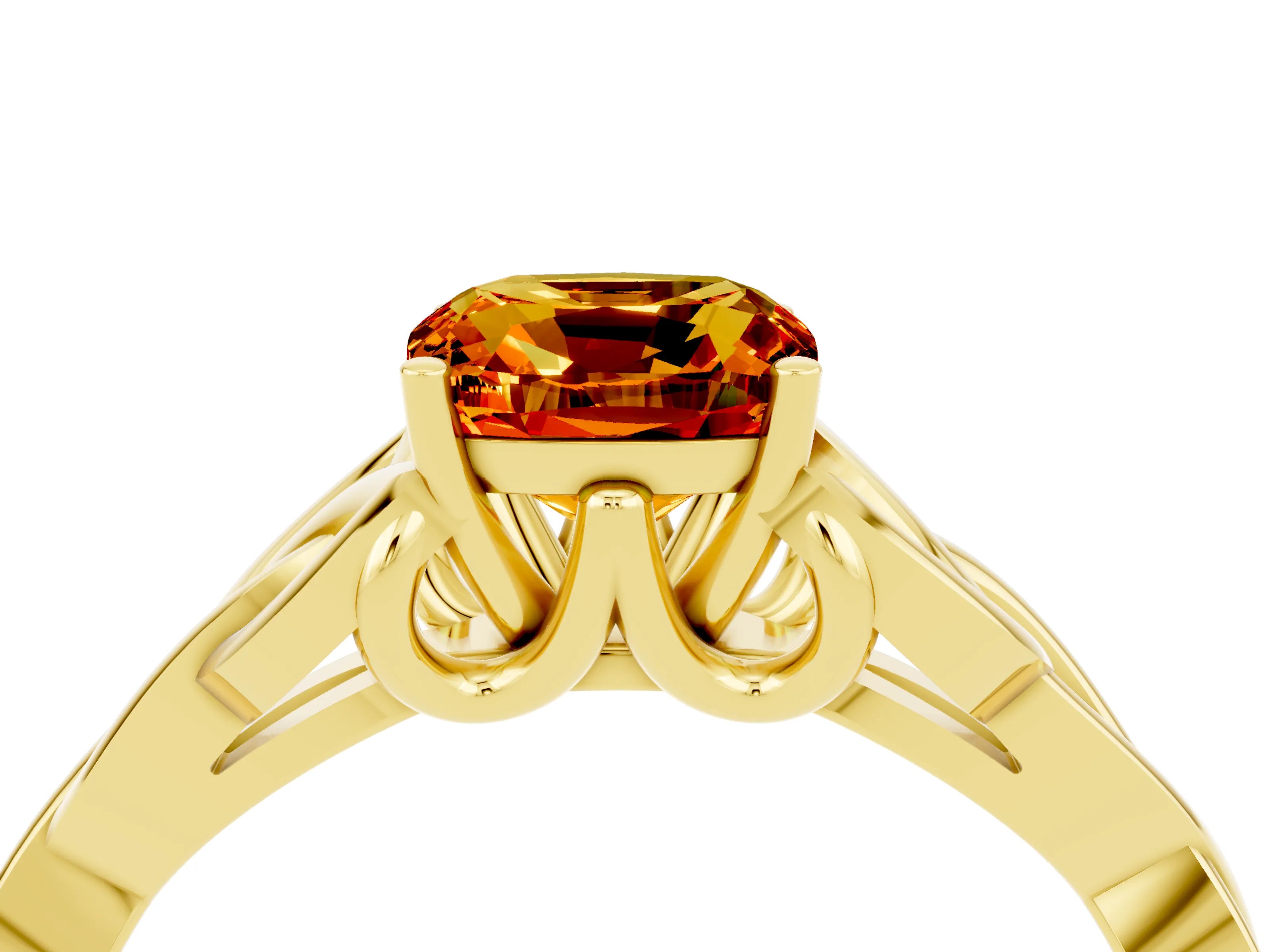 Yellow gold Cushion Cut Citrine Solitaire Engagement Ring with Celtic Knot Band and Four-Prong Setting_4