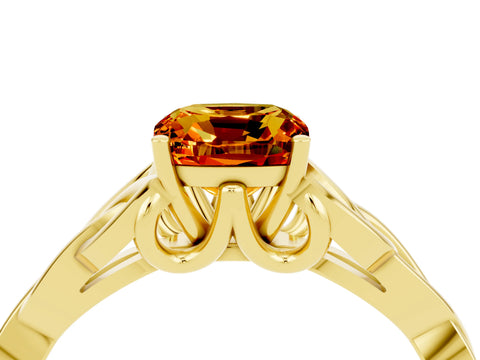 Yellow gold Cushion Cut Citrine Solitaire Engagement Ring with Celtic Knot Band and Four-Prong Setting_4