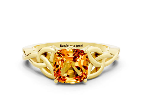 Yellow gold Cushion Cut Citrine Solitaire Engagement Ring with Celtic Knot Band and Four-Prong Setting
