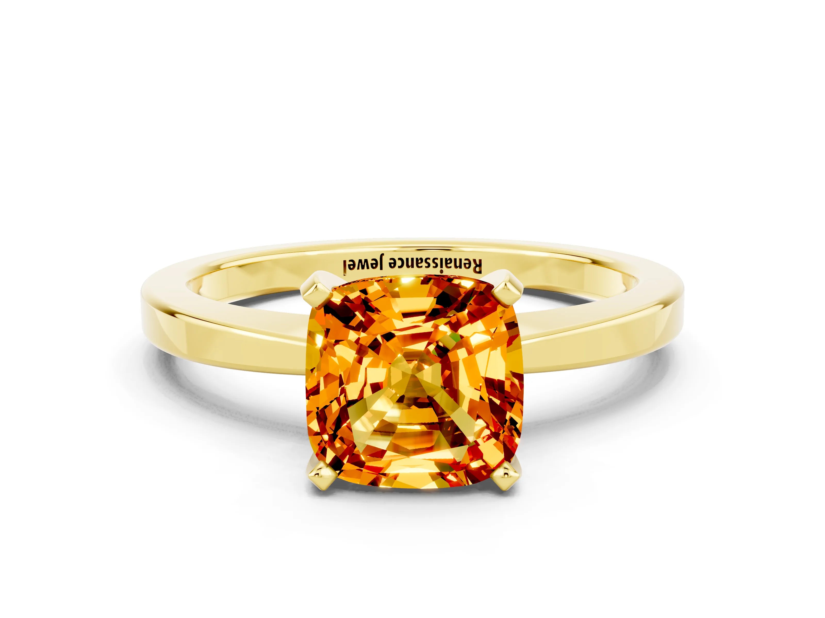 Yellow gold Cushion Cut Citrine Solitaire Engagement Ring with Classic Band and Four-Prong Setting_24