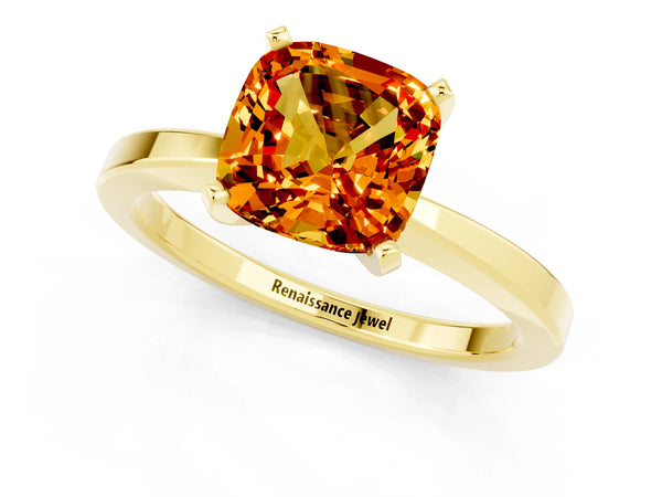 Yellow gold Cushion Cut Citrine Solitaire Engagement Ring with Classic Band and Four-Prong Setting