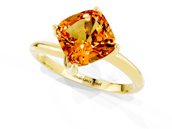 Yellow gold Cushion Cut Citrine Solitaire Engagement Ring with Four-Prong Setting and Classic Band