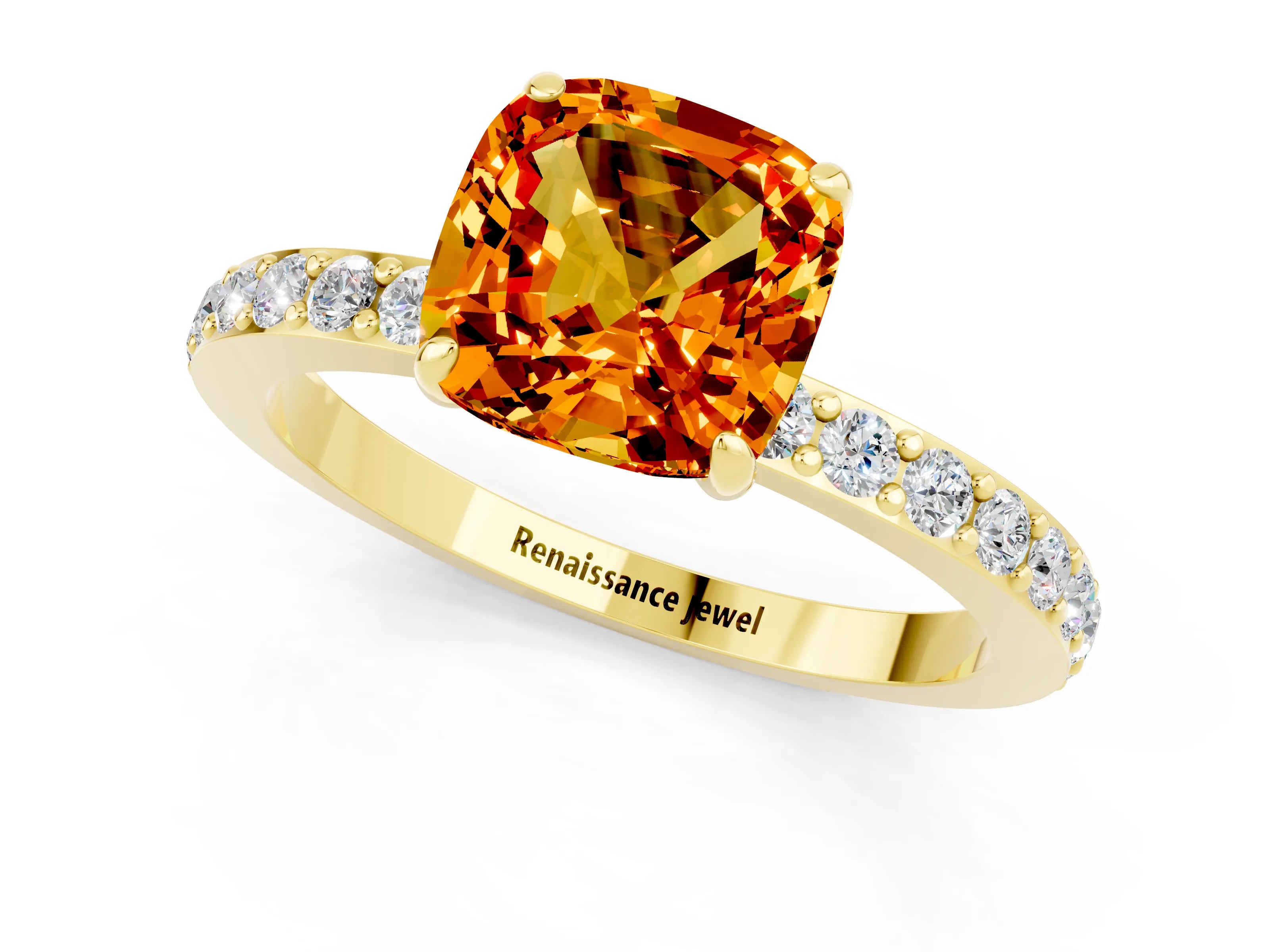 Yellow gold Cushion Cut Citrine Solitaire Engagement Ring with Pavé Band and Four-Prong Setting_1