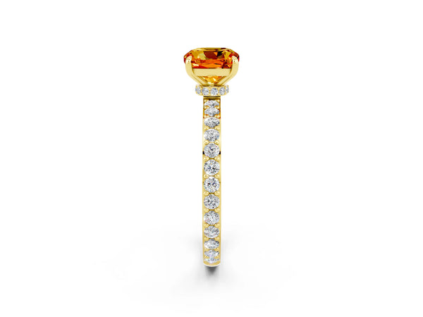 Yellow gold Cushion Cut Citrine Solitaire Engagement Ring with Pavé Band and Four-Prong Setting