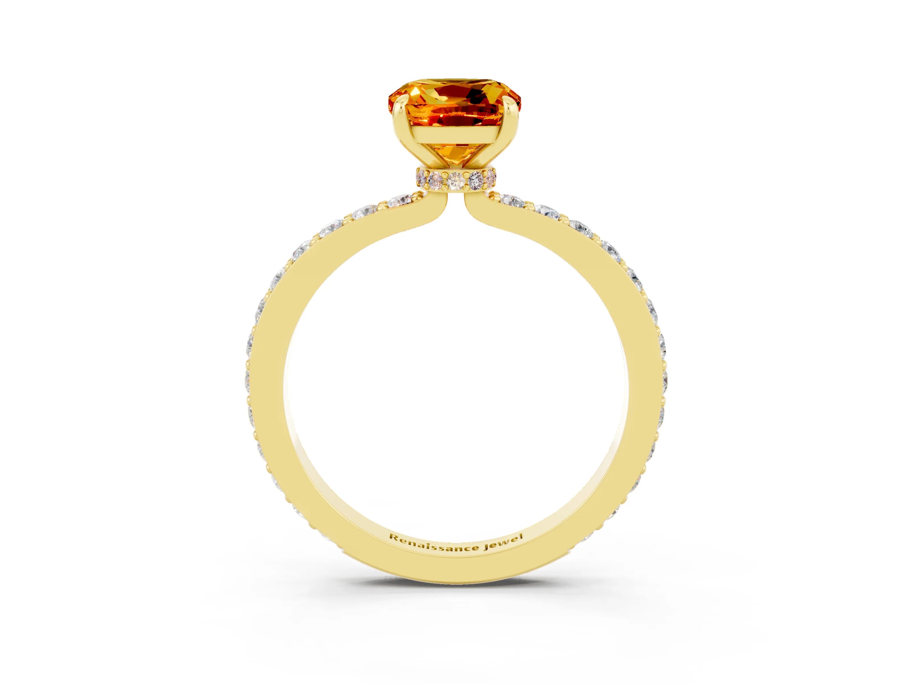 Yellow gold Cushion Cut Citrine Solitaire Engagement Ring with Pavé Band and Four-Prong Setting_3