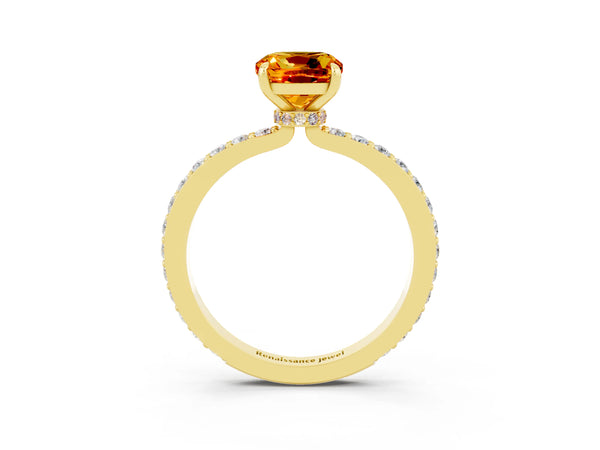 Yellow gold Cushion Cut Citrine Solitaire Engagement Ring with Pavé Band and Four-Prong Setting