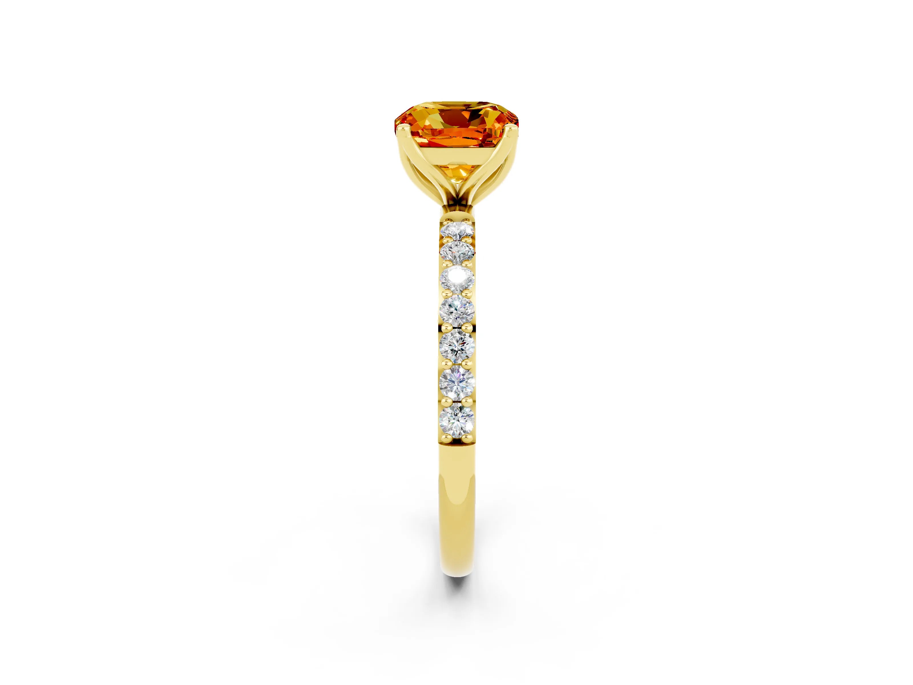 Yellow gold Cushion Cut Citrine Solitaire Engagement Ring with Pavé Band and Prong Setting_2