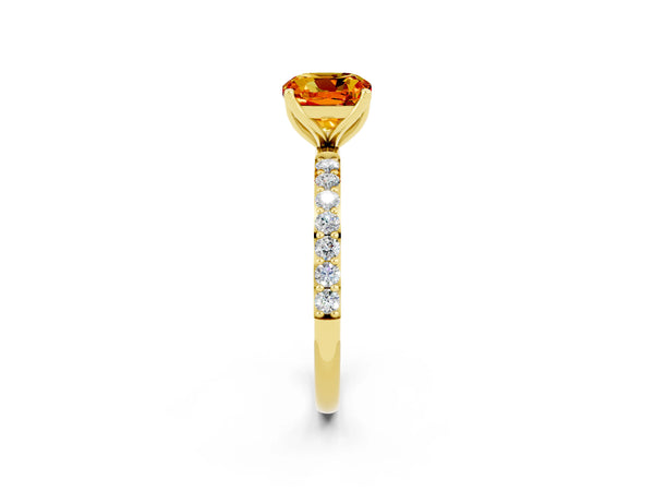 Yellow gold Cushion Cut Citrine Solitaire Engagement Ring with Round  Pavé Band and Prong Setting