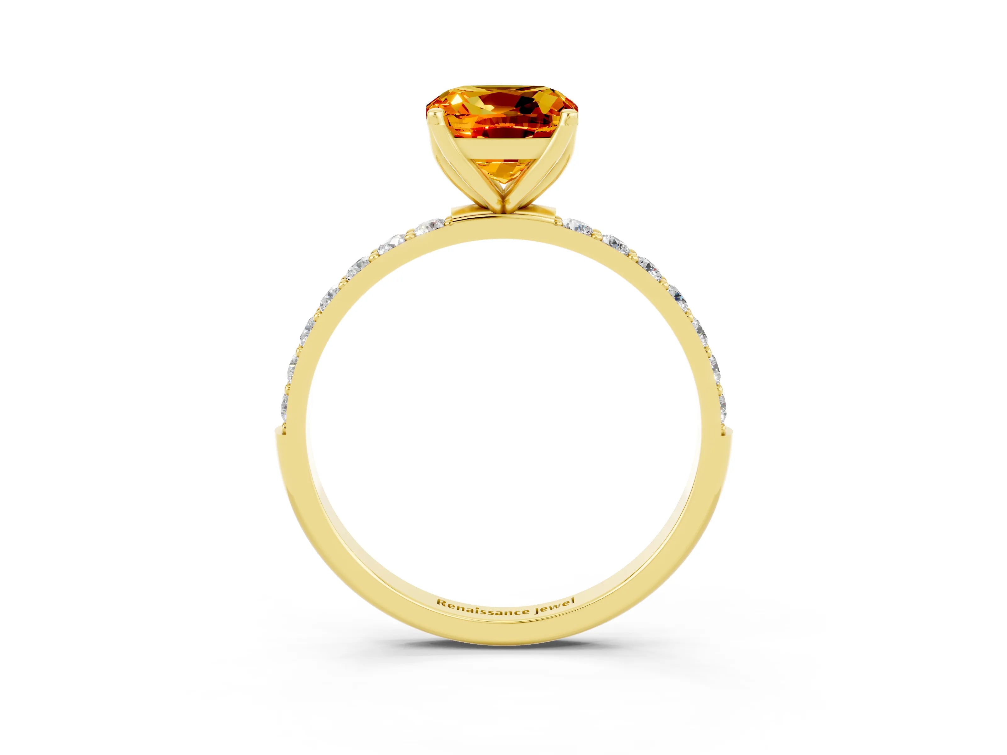 Yellow gold Cushion Cut Citrine Solitaire Engagement Ring with Pavé Band and Prong Setting_3