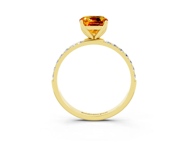 Yellow gold Cushion Cut Citrine Solitaire Engagement Ring with Round  Pavé Band and Prong Setting