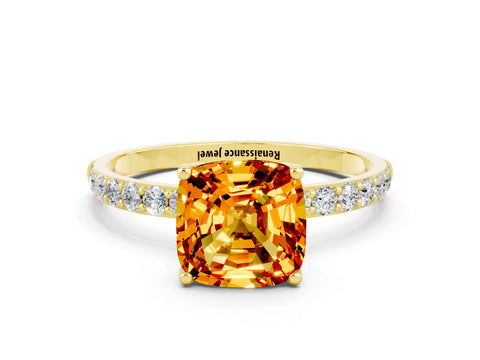 Yellow gold Cushion Cut Citrine Solitaire Engagement Ring with Pavé Band and Prong Setting