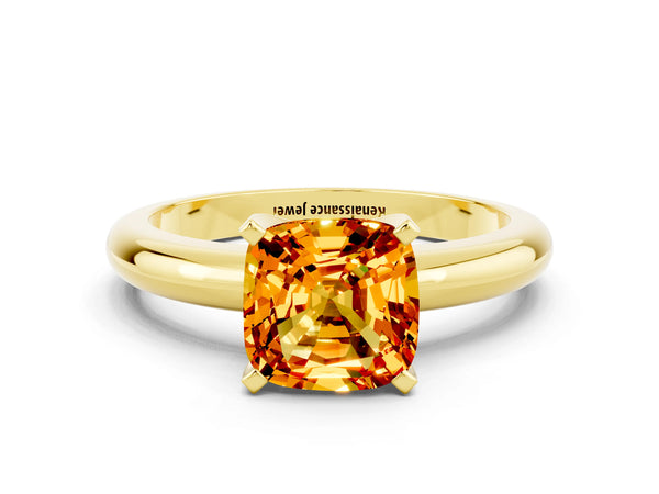 Yellow gold Cushion Cut Citrine Solitaire Engagement Ring with Round Band and Four-Prong Setting