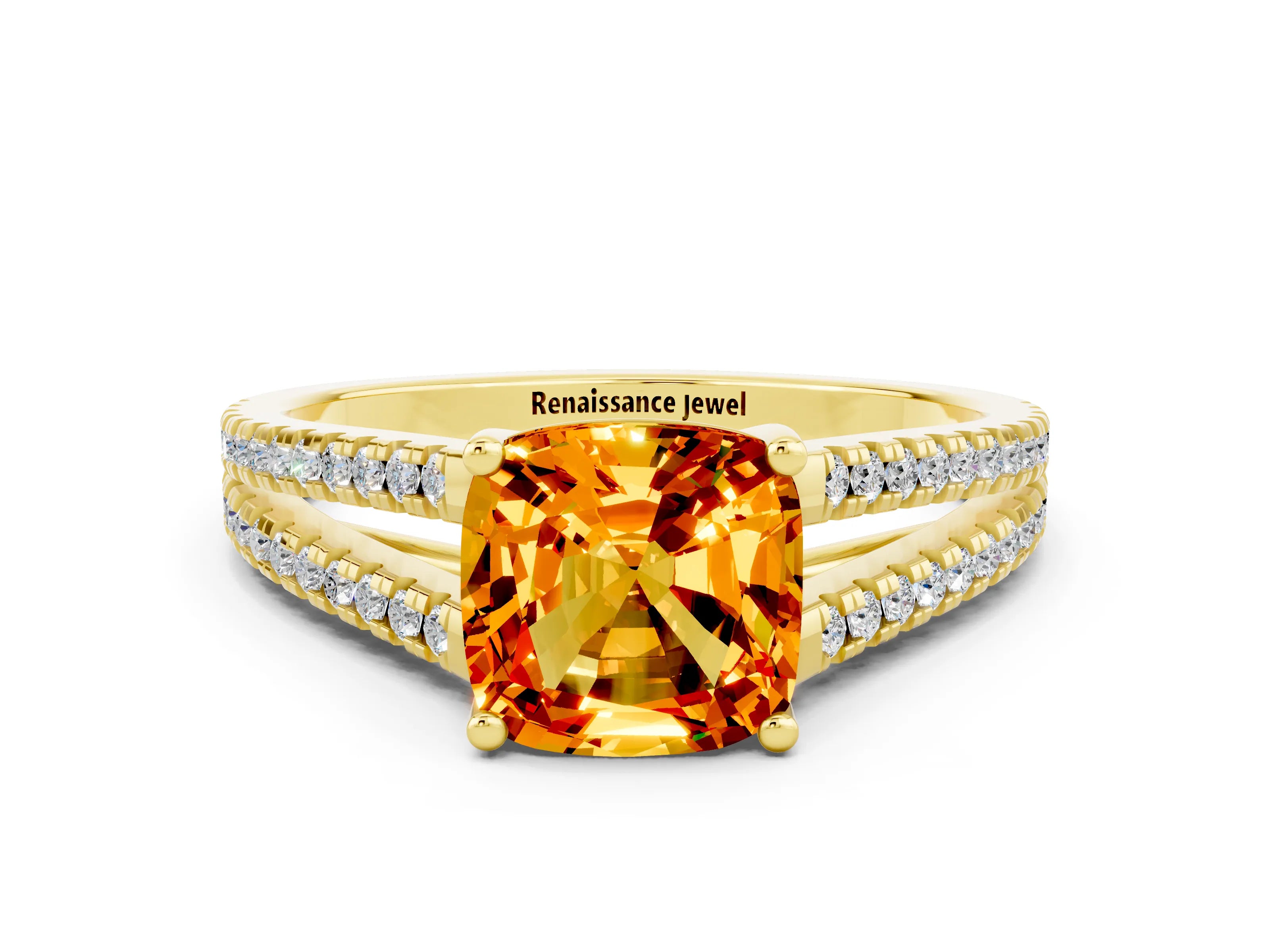 Yellow gold Cushion Cut Citrine Solitaire Engagement Ring with Split Shank Pavé Band_12