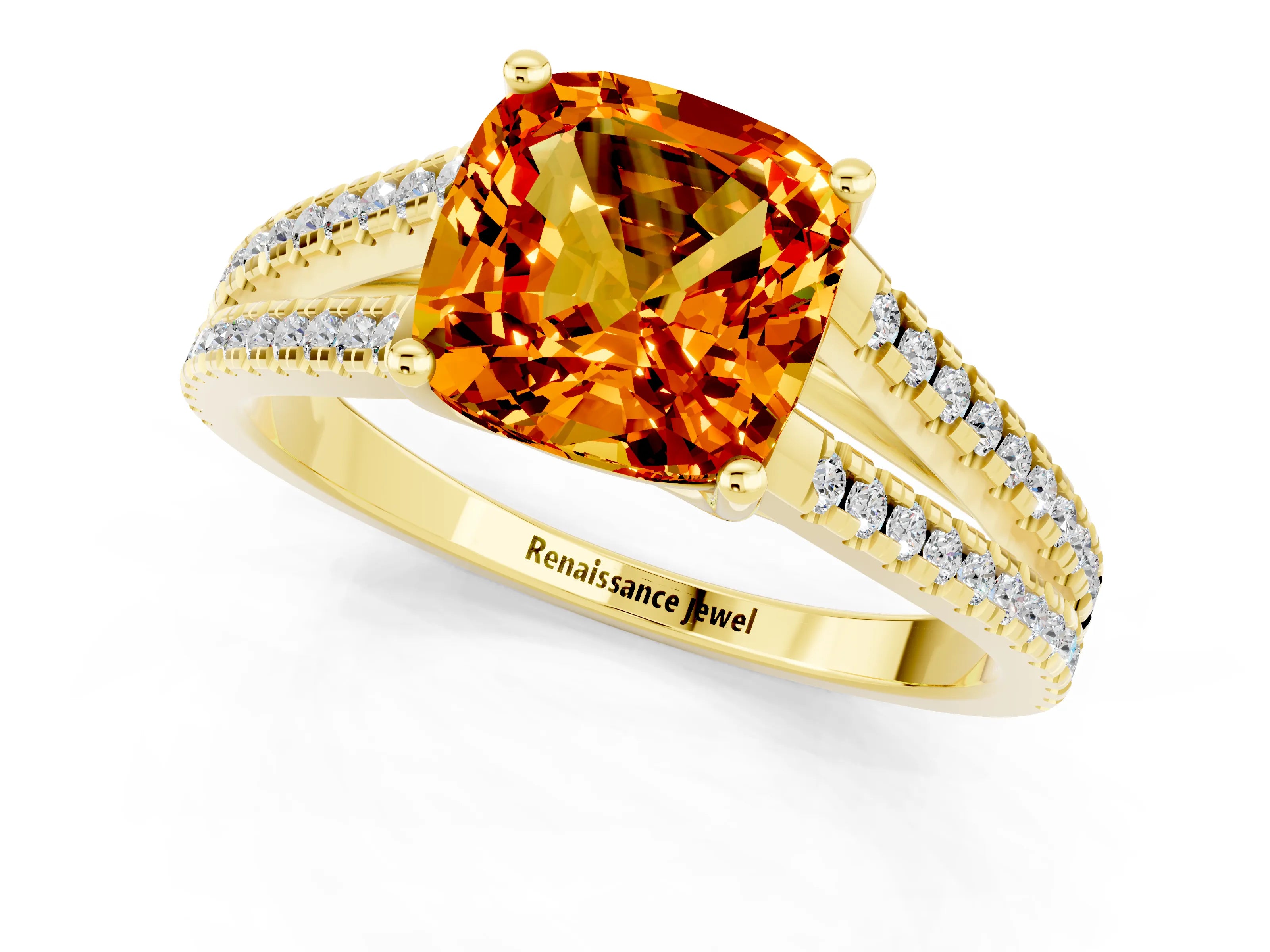 Yellow gold Cushion Cut Citrine Solitaire Engagement Ring with Split Shank Pavé Band_13
