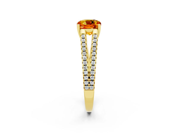 Yellow gold Cushion Cut Citrine Solitaire Engagement Ring with Split Shank Pavé Band